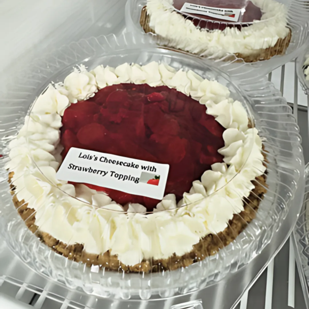 A cheesecake with strawberry topping and whipped cream.