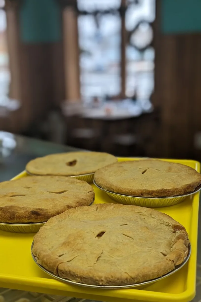 Freshly baked apple pies, on a display tray.